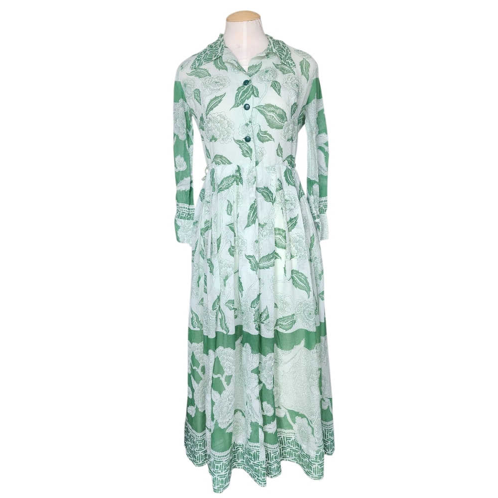 Vintage 1970's Green Peony Long Sleeve Maxi Dress